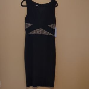 London Times Black Midi Dress with Mesh Accents